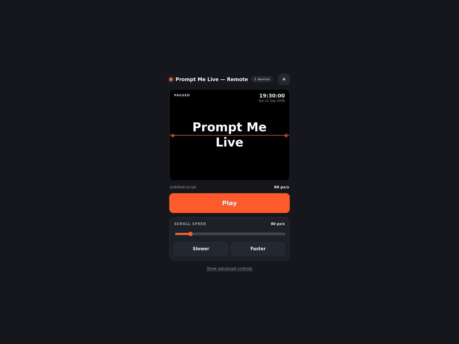 The phone remote in a mobile browser, showing a live preview of the show output above a Play button and scroll-speed controls.